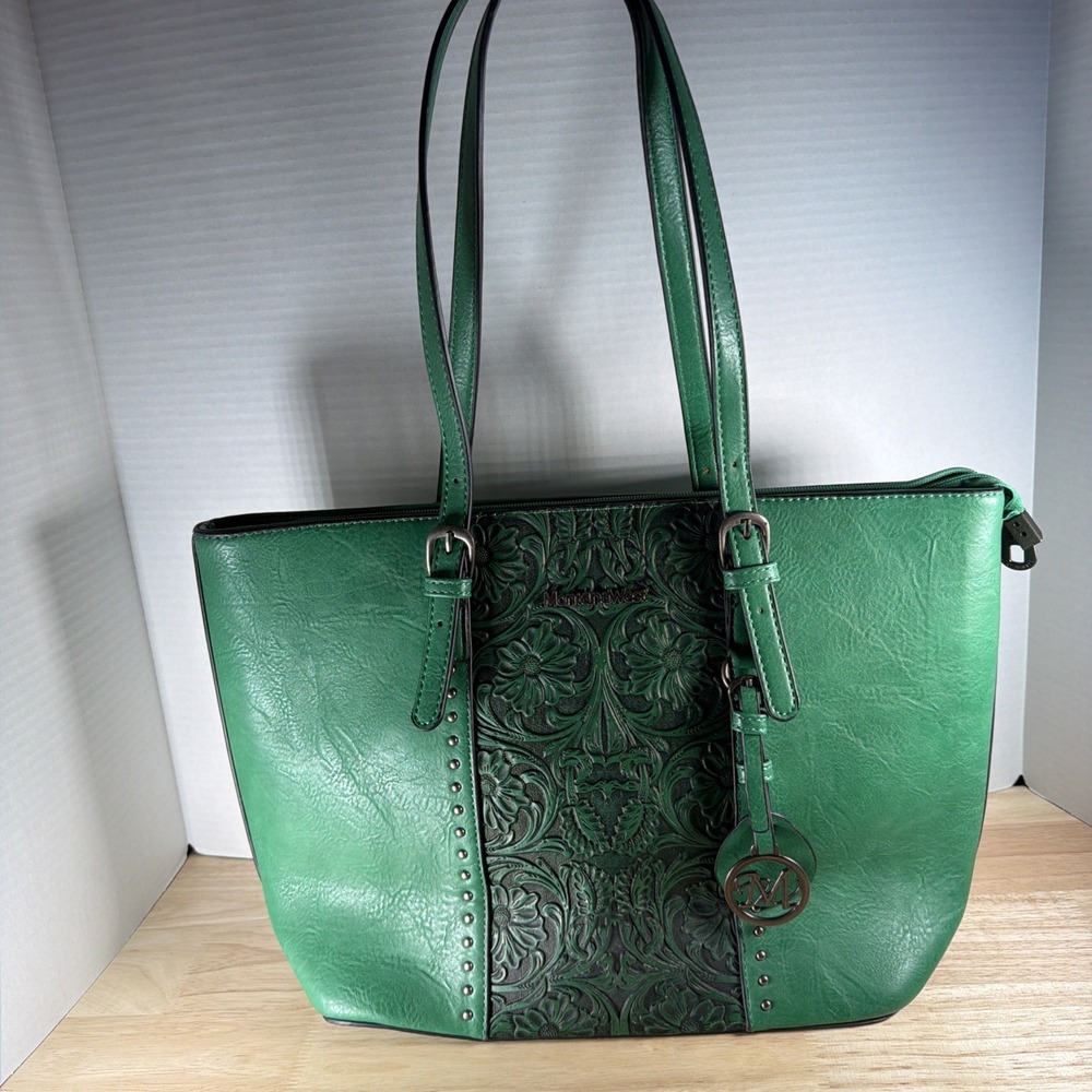 Montana West Women's Shoulder Bag Vegan Leather Green Tooled Conceal Carry Zip